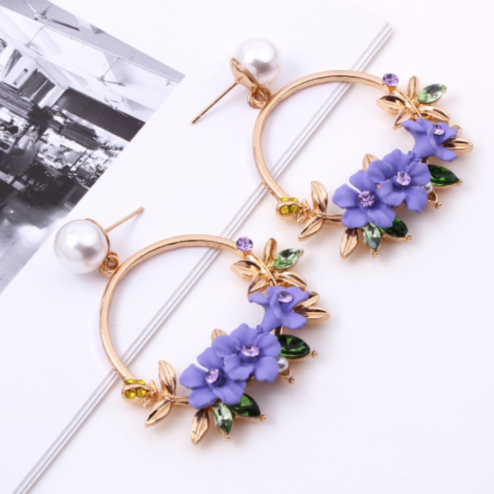 Lavender Round Drop Crystal Flower Earrings